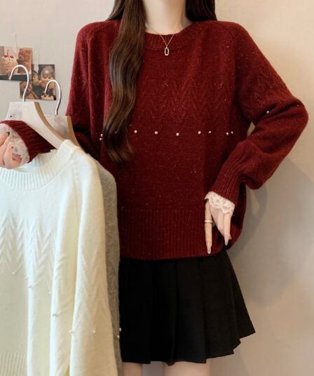 실사 빅 사이즈 지방 mm 가을 겨울 새로운 새해 빨간색 라운드 넥 못 훈련 레이스 스티치 슬리브 긴팔 풀오버