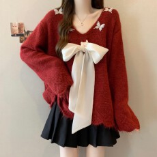 批发实拍~ 大码胖MM秋冬新款过年红重工V领蝴蝶结长袖套头上衣毛衣