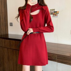 批发实拍~ 大码胖MM秋冬新款过年红镂空领系腰带套头上衣连衣裙毛衣