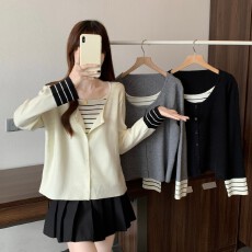 批发实拍~ 大码胖MM春季新款圆领撞色假两件长袖正肩上衣针织衫