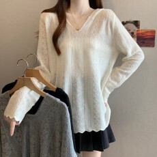 批发实拍~大码胖MM春季新款连帽V领暗纹波浪边下摆长袖正肩上衣针织衫