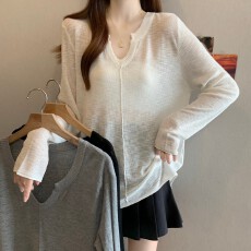 批发实拍~ 大码胖MM春季新款剪刀V领简约老钱风长袖正肩上衣针织衫