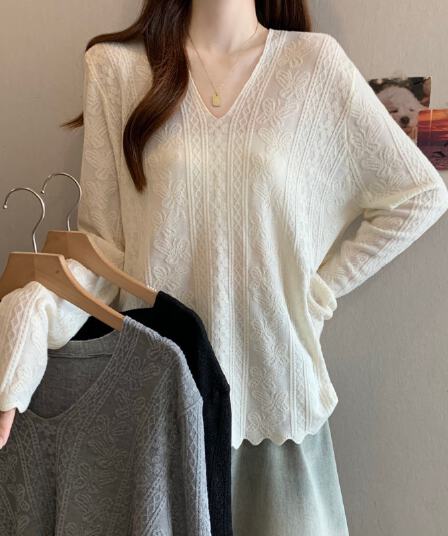 실사 빅 사이즈 지방 mm 봄 새로운 V넥 어두운 꽃 물결무늬 옆으로 눕다. 진자 긴팔 맨위 니트 스웨터