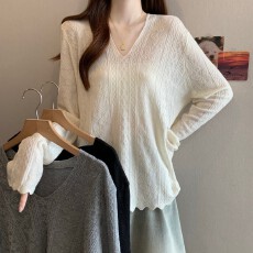 批发实拍~ 大码胖MM春季新款V领暗花波浪边下摆长袖上衣针织衫