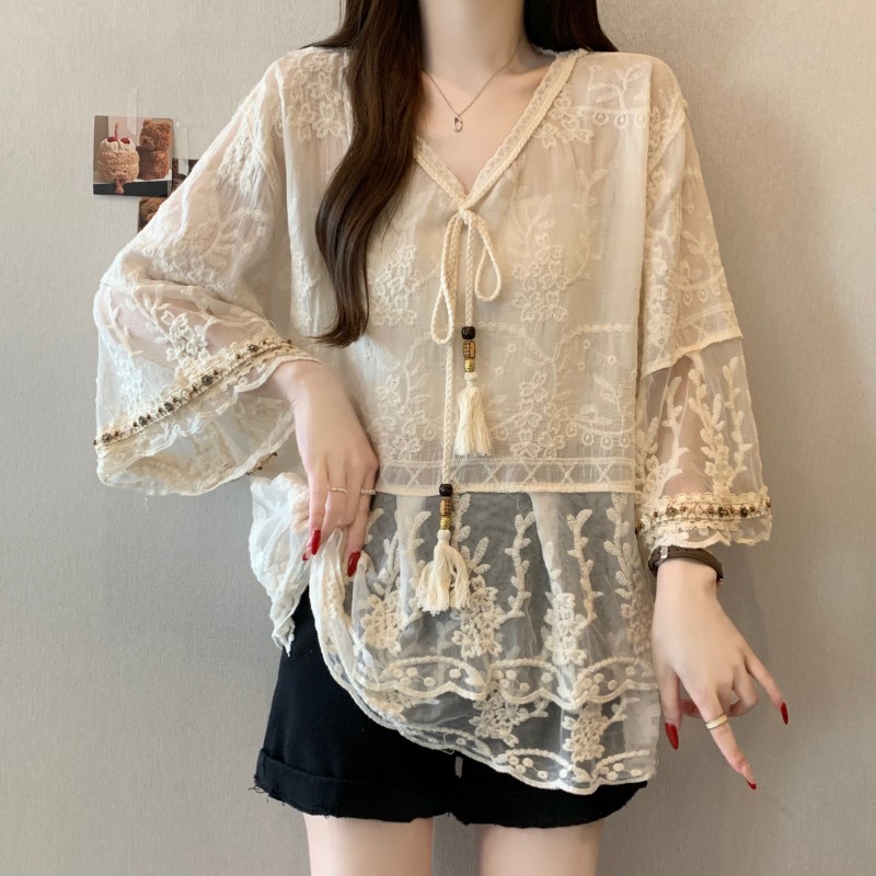 RY1306# 实拍~ 大码胖MM夏季新款波西米亚风重工刺绣V领七分袖正肩上衣