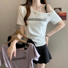 批发实拍~ 大码胖MM夏季新款美式露单肩字母印花短袖上衣T恤