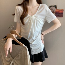 批发实拍~ 大码胖MM<b class='q'>夏</b>季新款法式百褶V领收腰正肩短袖上衣T恤