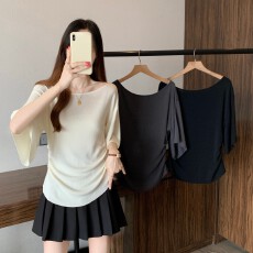 批发实拍~ 大码胖MM夏季新款鱼嘴领喇叭中袖简约设计感上衣针织衫