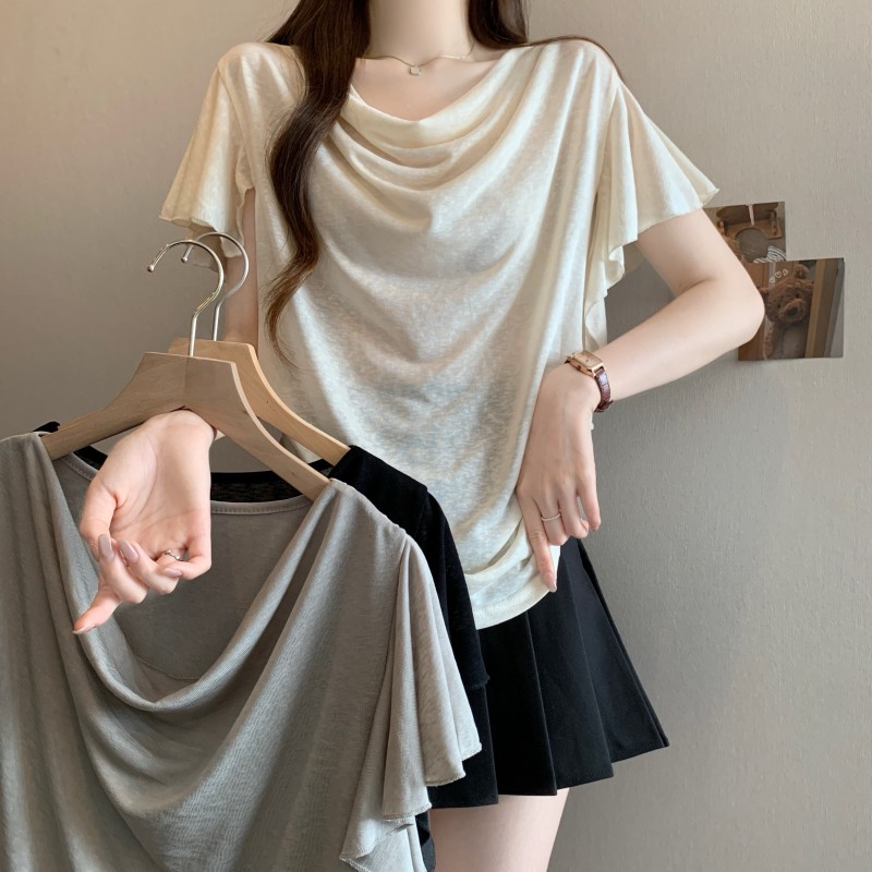 실사 빅 사이즈 지방 mm 여름 새로운 흔들다 칼라 눈꽃 면 펌프 Pleat 허리 수축 디자인 센스 레이스 소매 맨위 티셔츠