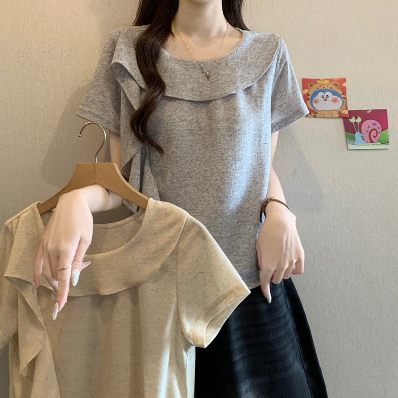실사 빅 사이즈 지방 mm 여름 새로운 디자인 센스 리본 목이버섯 반팔 긍정적 인 어깨 의류 티셔츠