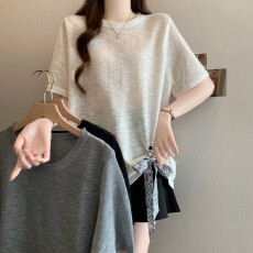 批发实拍大码胖MM<b class='q'>夏</b>季新款圆领设计感下摆系绳绑带正肩短袖上衣针织衫