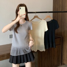 批发实拍~大码胖MM夏季新款圆领拼接<b class='q'>欧根纱</b>下摆正肩短袖<b class='q'>上衣</b>针织衫