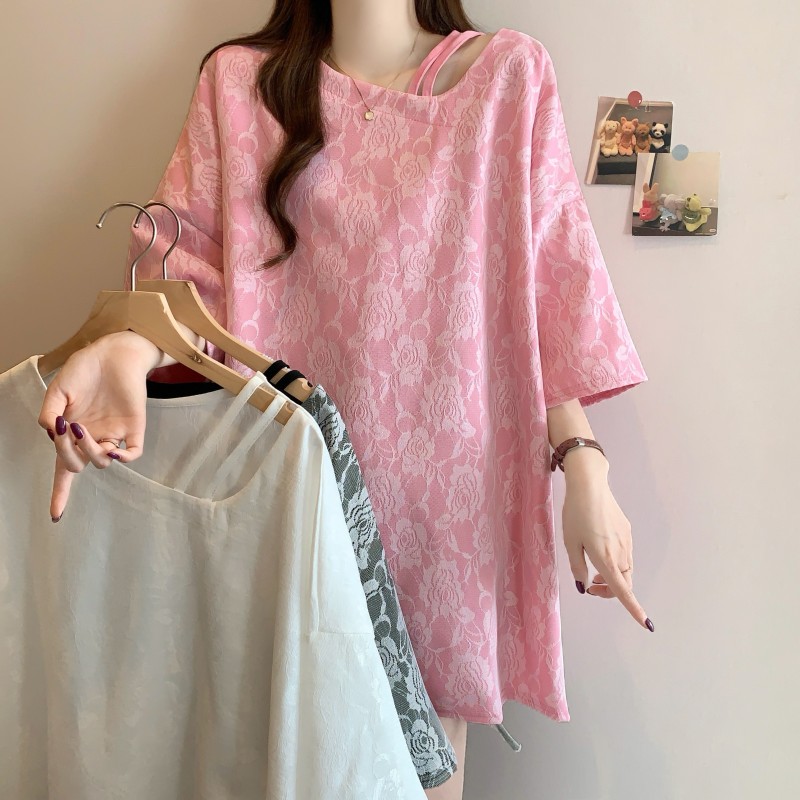 실사 빅 사이즈 지방 mm 여름 새로운 심장 기계 비스듬한 칼라 대 에디션 복합 레이스 루즈핏 니트 반팔 맨위
