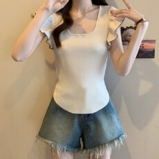 批发实拍~ 大码胖MM夏季新款方领纯色花边袖后腰系绳冰丝上衣短袖