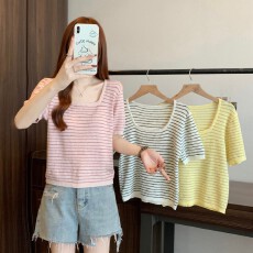 批发实拍~ <b class='q'>大码</b>胖MM夏季新款方领条纹糖果色短袖正肩上衣<b class='q'>针织衫</b>
