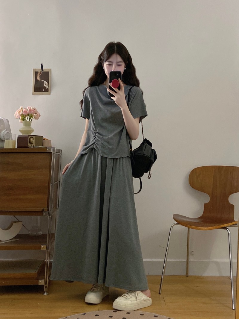 실사 빅 사이즈 지방 mm 여름 새로운 흔들다 칼라 긍정적 인 어깨 불규칙 밑단 큰 진자 허리밴드 롱 스커트 투피스 세트