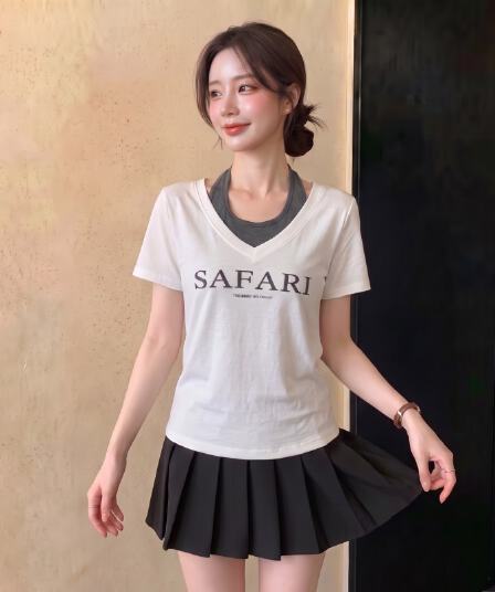 실사 빅 사이즈 지방 mm 여름 새로운 배색 V넥 페이크 레이어드 알파벳 프린트 긍정적 인 어깨 반팔 맨위 티셔츠