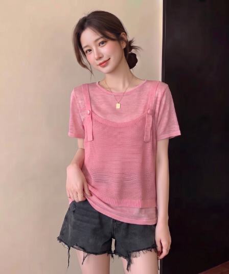 실사 빅 사이즈 지방 mm 여름 새로운 라운드 넥 배색 디자인 반팔 긍정적 인 어깨 투피스 세트 니트 스웨터