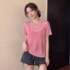 批发实拍~ 大码胖MM<b class='q'>夏</b>季新款圆领撞色设计短袖正肩两件套针织衫