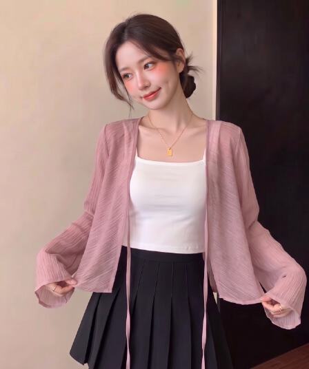 실사 빅 사이즈 지방 mm 여름 새로운 주간 실크 긴팔 초박형 쉬폰 톱 자외선 차단 의류 오픈 가디건