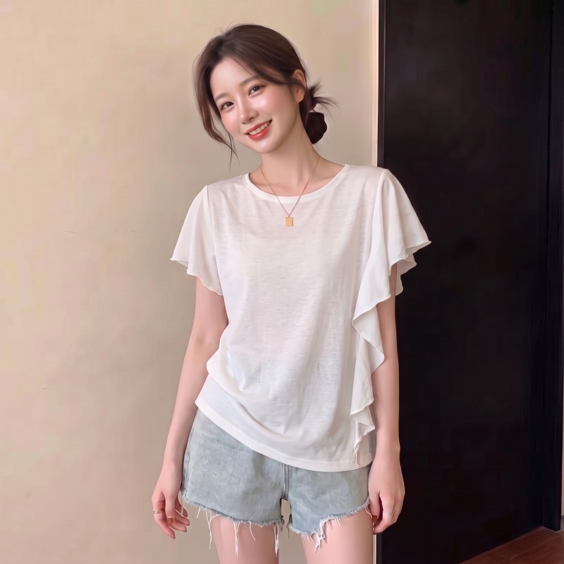 RY7302# 实拍~ 大码胖MM夏季新款圆领设计感不规则荷叶边短袖正肩上衣T恤