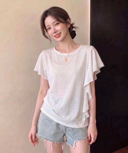 실사 빅 사이즈 지방 mm 여름 새로운 라운드 넥 디자인 센스 불규칙 프릴 반팔 긍정적 인 어깨 의류 티셔츠