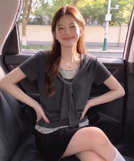 실사 빅 사이즈 지방 mm 여름 새로운 페이크 레이어드 배색 숄 긍정적 인 어깨 반팔 풀오버 맨위 티셔츠