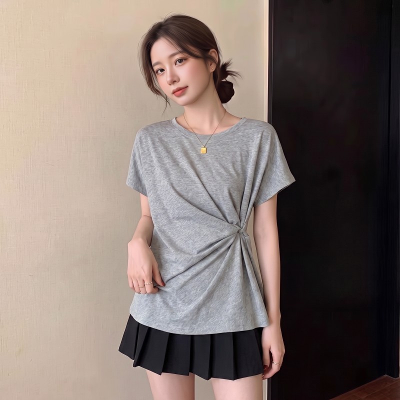 RY7299# 实拍~ 大码胖MM夏季新款圆领小飞袖设计感收腰修身短袖上衣T恤