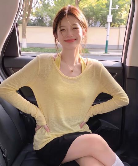 실사 빅 사이즈 지방 mm 여름 새로운 V넥 저장 중 긴팔 자외선 차단 캐미솔 투피스 세트