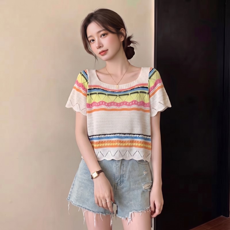 BY28579# 夏季新款大码胖MM波浪边套头针织短袖上衣 服裝批發女裝批發服飾貨源