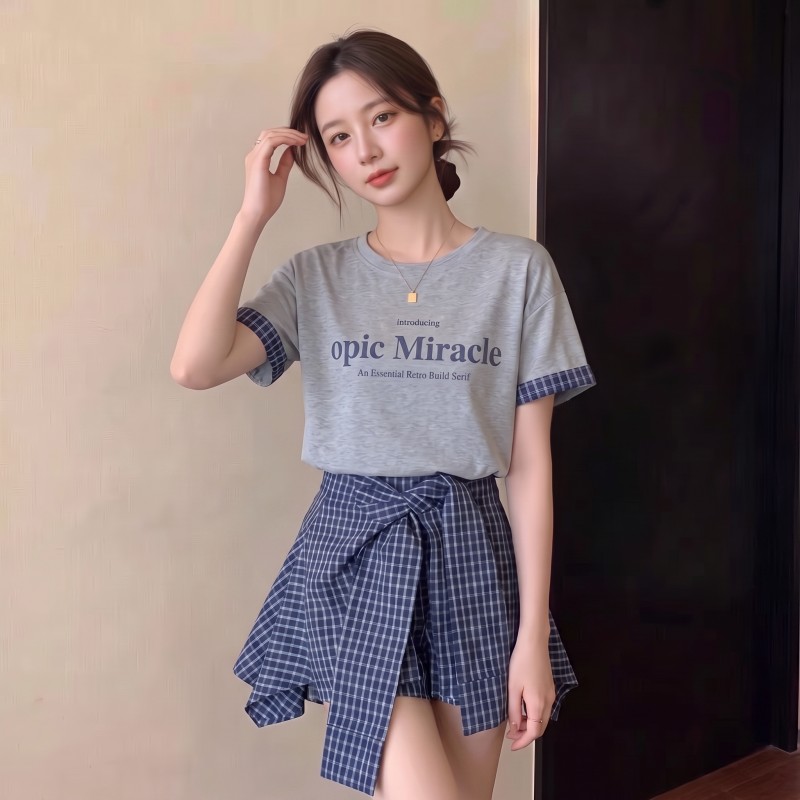 BY28577# 大码胖MM夏季新款圆领字母短袖T恤+格子假两件裤裙两件套 服裝批發女裝批發服飾貨源