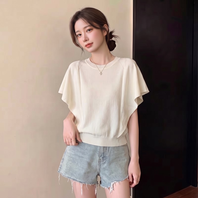 RY7374# 实拍~ 大码胖MM夏季新款圆领小飞袖蝙蝠衫短袖冰丝针织衫