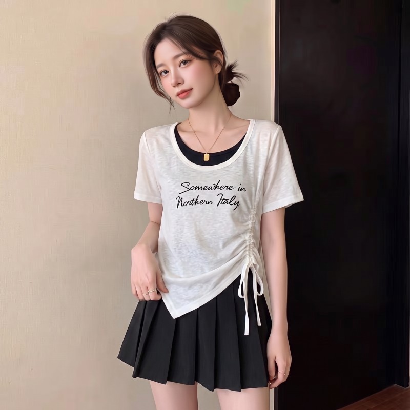 RY7372# 实拍~ 大码胖MM夏季新款撞色假两件抽绳不规则下摆短袖上衣T恤