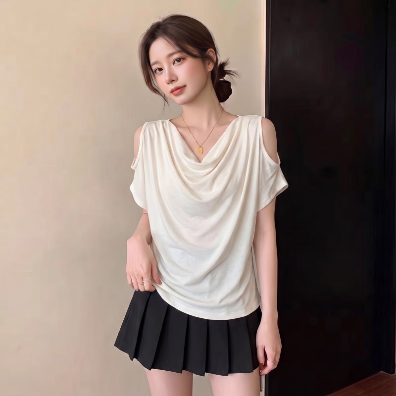 RY7371# 实拍~ 大码胖MM夏季新款美式露肩荡领宽松遮肉短袖蝙蝠衫上衣T恤