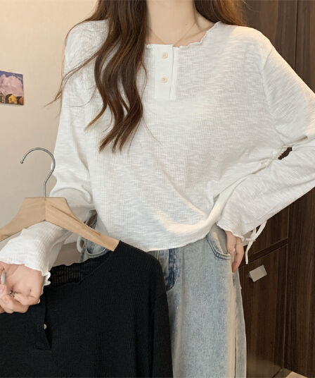 실사 2026 가을 새로운 빅 사이즈 지방 mm 라운드 넥 루즈핏 불규칙 레이스업 밑단 긴팔 티셔츠