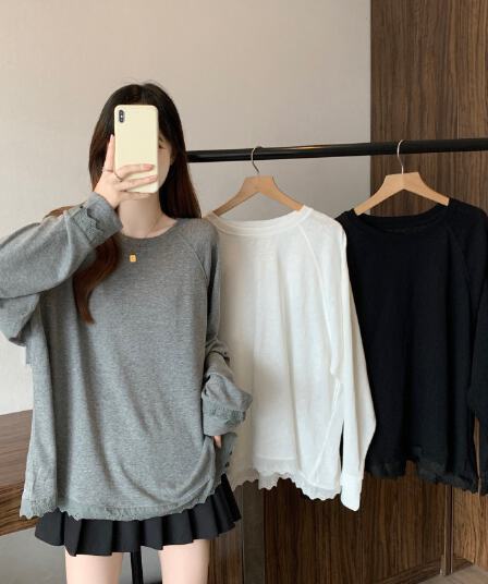 실사 빅 사이즈 지방 mm 가을 새로운 라운드 넥 삽입 어깨 소매 밑단 패치워크 레이스 긴팔 눈꽃 면 맨위