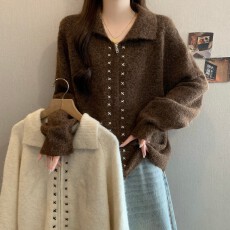 批发实拍~ 大码胖MM秋冬新款翻领手工穿绳双拉链羊驼<b class='q'>开衫</b>上衣毛衣