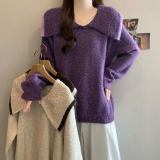 批发实拍~ 大码胖MM秋<b class='q'>冬</b>新款撞色美式大翻领套头长袖正肩上衣羊驼毛衣
