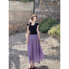 批发显白乌梅紫色半身裙棉麻长裙黑色针织上衣夏季<b class='q'>气质</b>一整套ootd穿搭