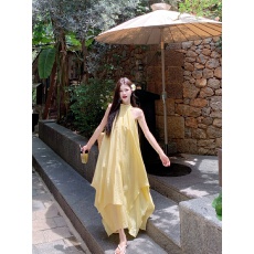 批发kumikumi温柔度假风无袖圆领黄色<b class='q'>连衣裙</b>女夏季宽松显瘦A字裙<b class='q'>长裙</b>