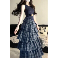 批发藏蓝色格纹拼接无袖背心连衣裙韩系穿搭超好看独特漂亮掐腰裙子女