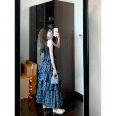 批发法式复古蓝色格纹拼接无袖背心连衣裙设计感小众漂亮独特收腰长裙