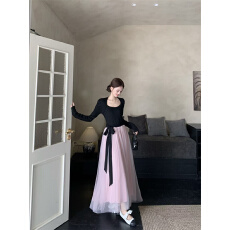批发法式温柔风<b class='q'>连衣裙</b><b class='q'>撞色</b>拼接生日裙子女秋冬季气质系带收腰网纱长裙