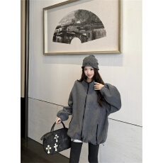 批发高街<b class='q'>潮牌</b>盐系双面摇绒灰色宽松立领长袖<b class='q'>卫衣</b>外套女秋冬款保暖上衣