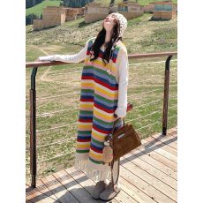 批发实价早秋穿搭一整套巨好看彩虹条纹流苏<b class='q'>连衣裙</b>打底针织衫两件套装