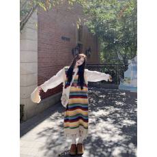 批发实价秋季流行风格多巴胺彩色针织条纹背心<b class='q'>连衣裙</b>新款流苏A字裙