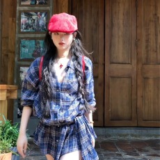 批发蓝色格子<b class='q'>衬衫</b>长袖连衣裙子女早春季2026新款小个子设计感收腰短裙