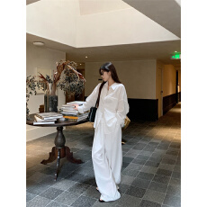 批发2026年新款气质宽松衬衫休闲裤套装女春秋白色衬衣直筒阔腿两件套