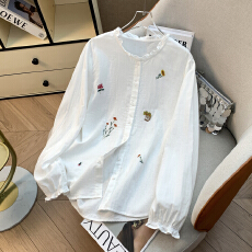 批发实拍文艺清新双层棉纱衬衫女长袖宽松刺绣甜美学院风衬衣花边领