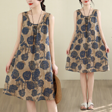 批发实拍大码女装夏季宽松吊带a字裙无袖棉麻圆领印花连衣裙